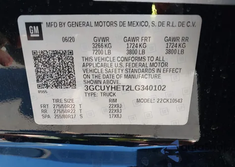 2020 Chevrolet Silverado K1500 High Country z USA, uszkodzony, nr VIN 3GCUYHET2LG340102